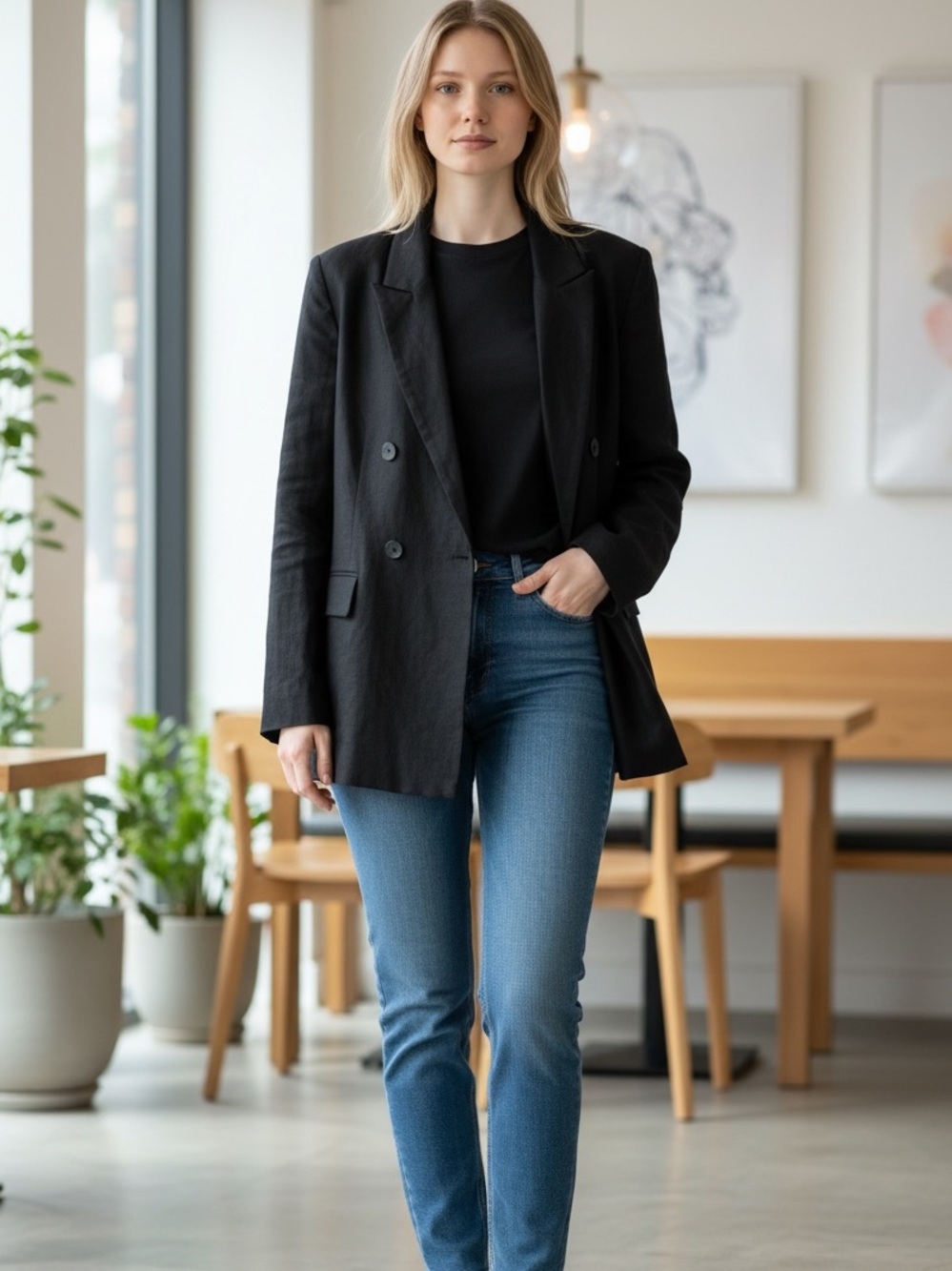 Old Navy linen blend Black Double-Breasted Jacket